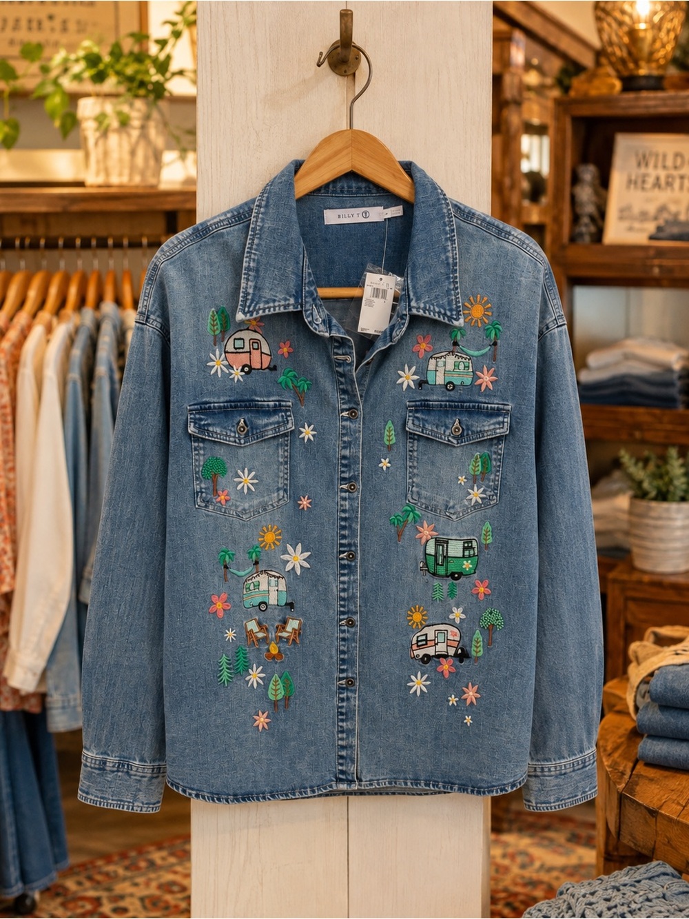 Billy T Denim Vintage Camper Trailer Embroidered Shirt Jacket Large NWT